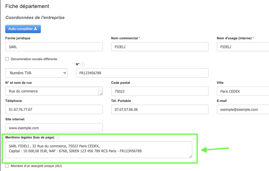 Bas de page personnalisé mentions légales Factures
