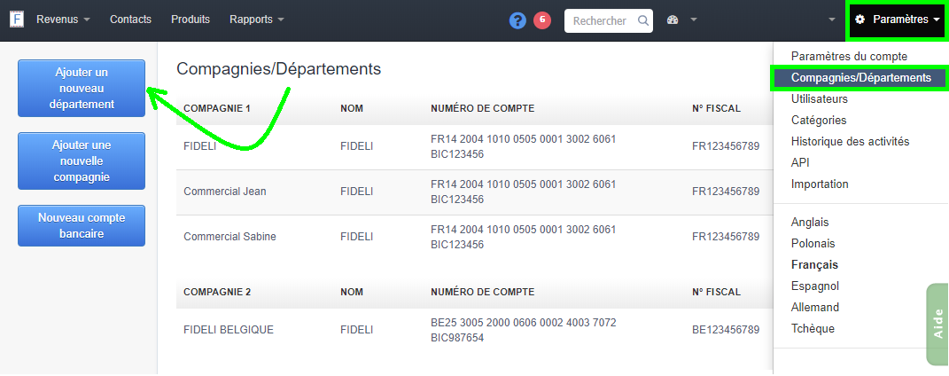 Facturation Ajout Département Compagnie Entité Société Activité Logiciel Gestion