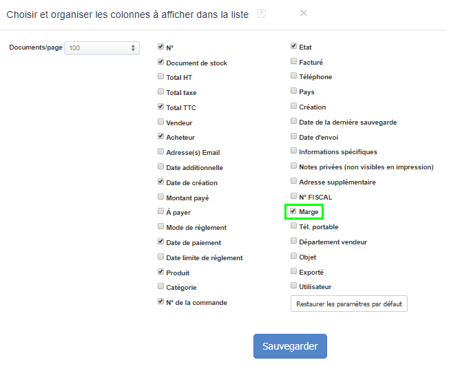 Marge Activation Personnaliser Colonne Facturation