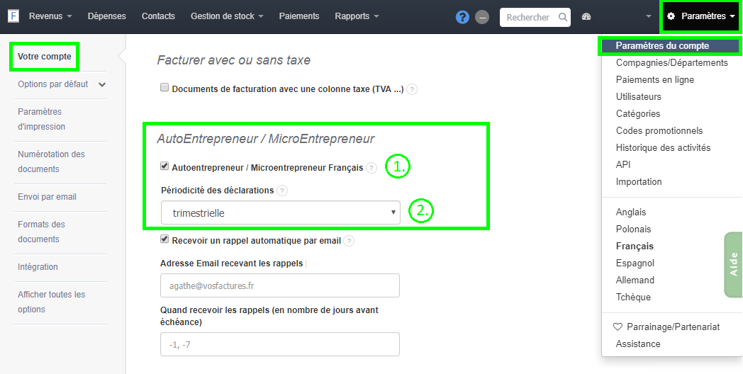 Facturation Rapport Autoentrepreneur  Microentrepreneur Déclaration CA Trimestre