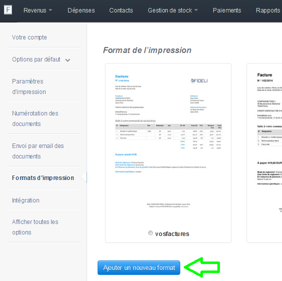 Ajout Format Paramètres Comptes VosFactures Personnalisation Facturation 