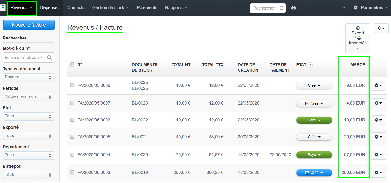 Calcul Marge Facture Colonne Visible Liste Revenus