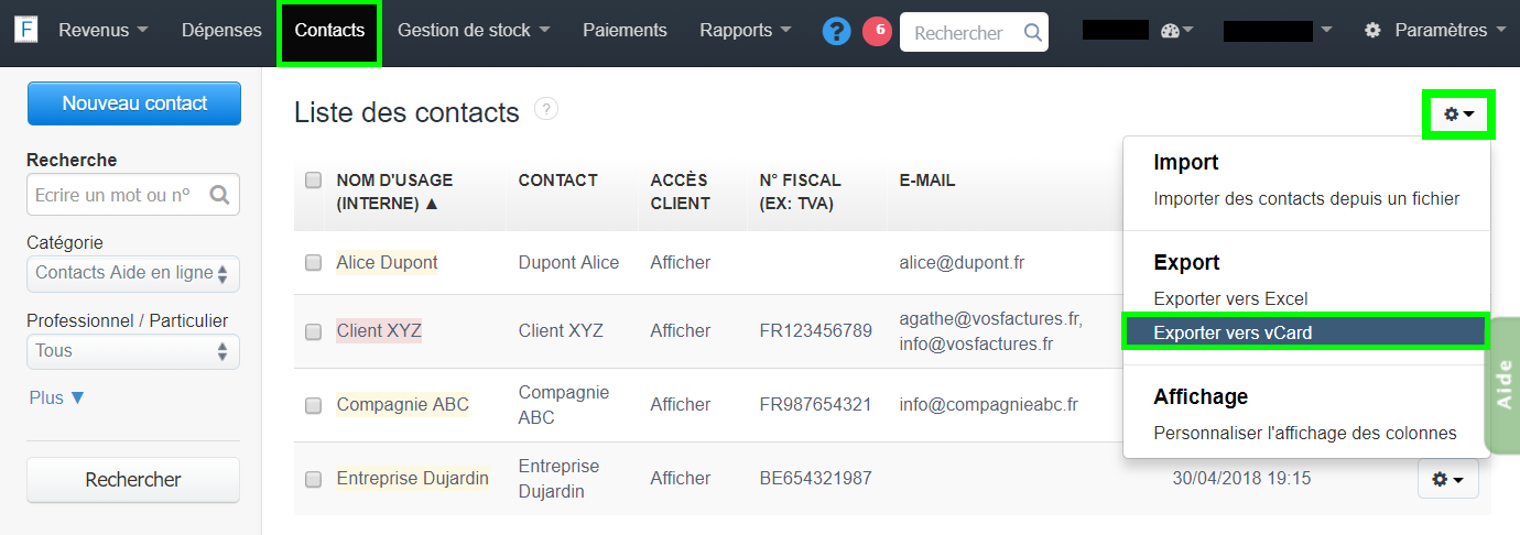 Facturation Exporter Contact Via Vcard Carte de Visite