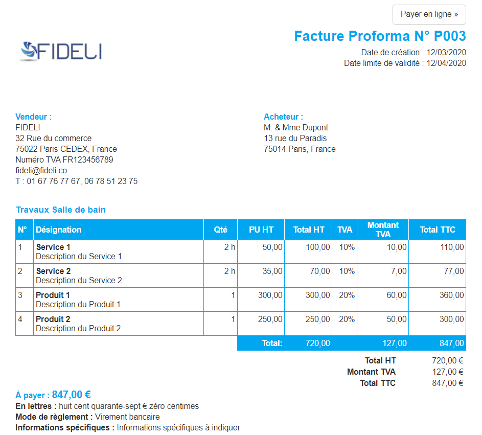 Facturation Proforma Document non comptable Payer en ligne Paiement