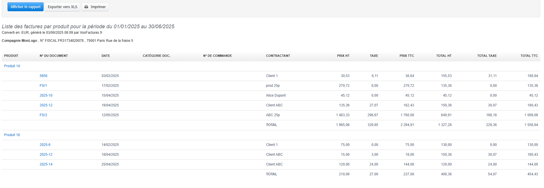 Rapport liste des factures par produit 