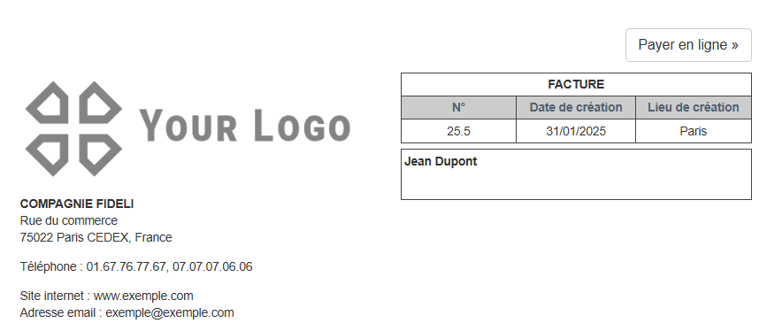 Bouton Payer en ligne sur document de facturation, facture, devis 