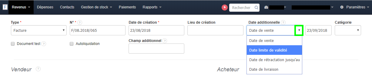 Date Additionnelle Paramètre du Compte Fonctionnalité VosFactures.fr