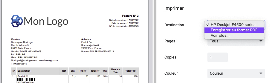 Imprimer PDF Facture Bon de Commande Code EAN barres