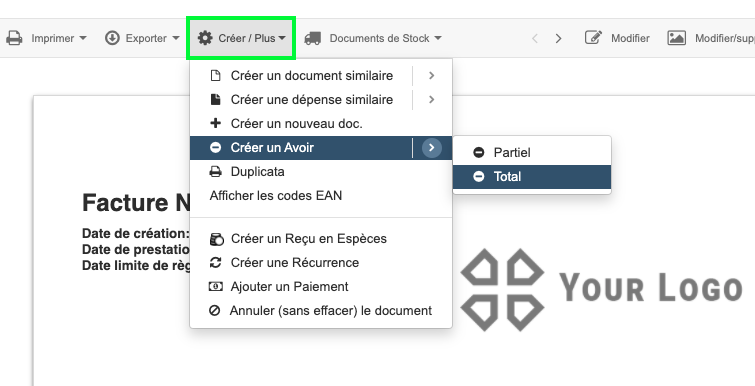 Facture d'Avoir partiel ou total Logiciel Facturation VosFactures.fr 