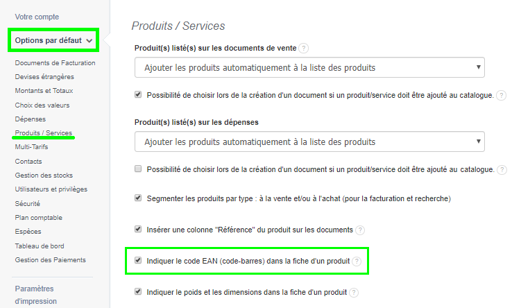 Facturation Paramétrage Indiquer Code EAN Fiche Produit