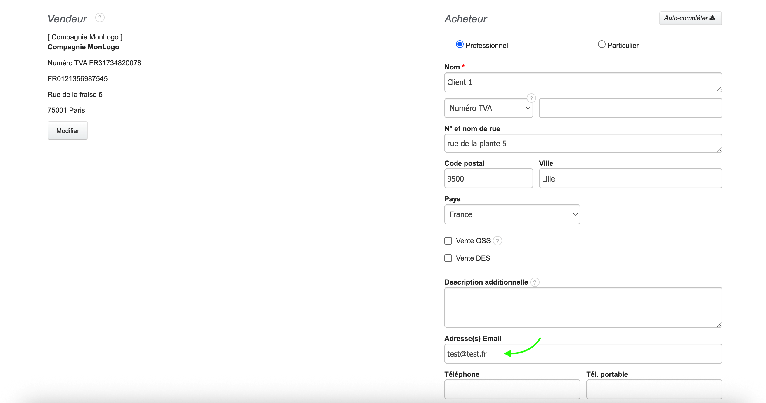 Modifier l'adresse mail depuis la création de la facture