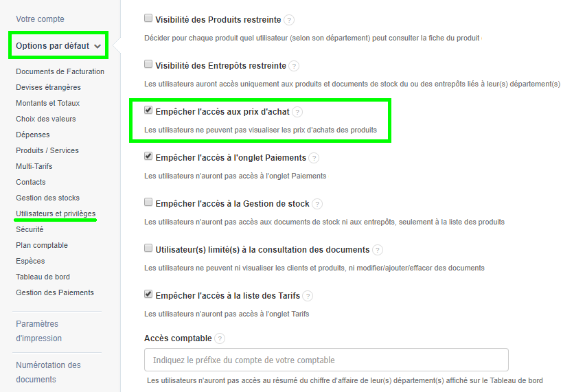 Facturation Accès Utilisateur Commercial Restriction Prix Achat
