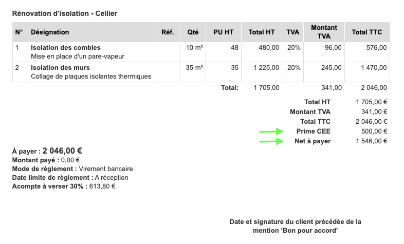Exemple de devis avec prime CEE