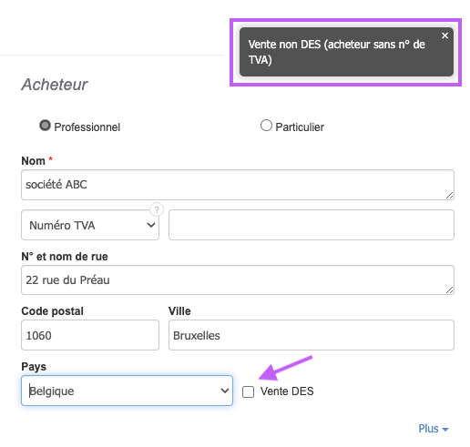Validation automatique vérifier n° TVA acheteur Facturation