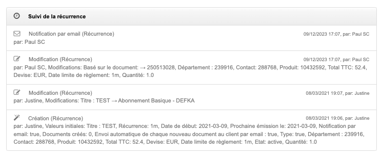 Suivi détaillé récurrence traçabilité facturation