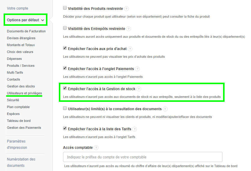 Facturation Accès Utilisateur Restriction Stock Gestion Commercial