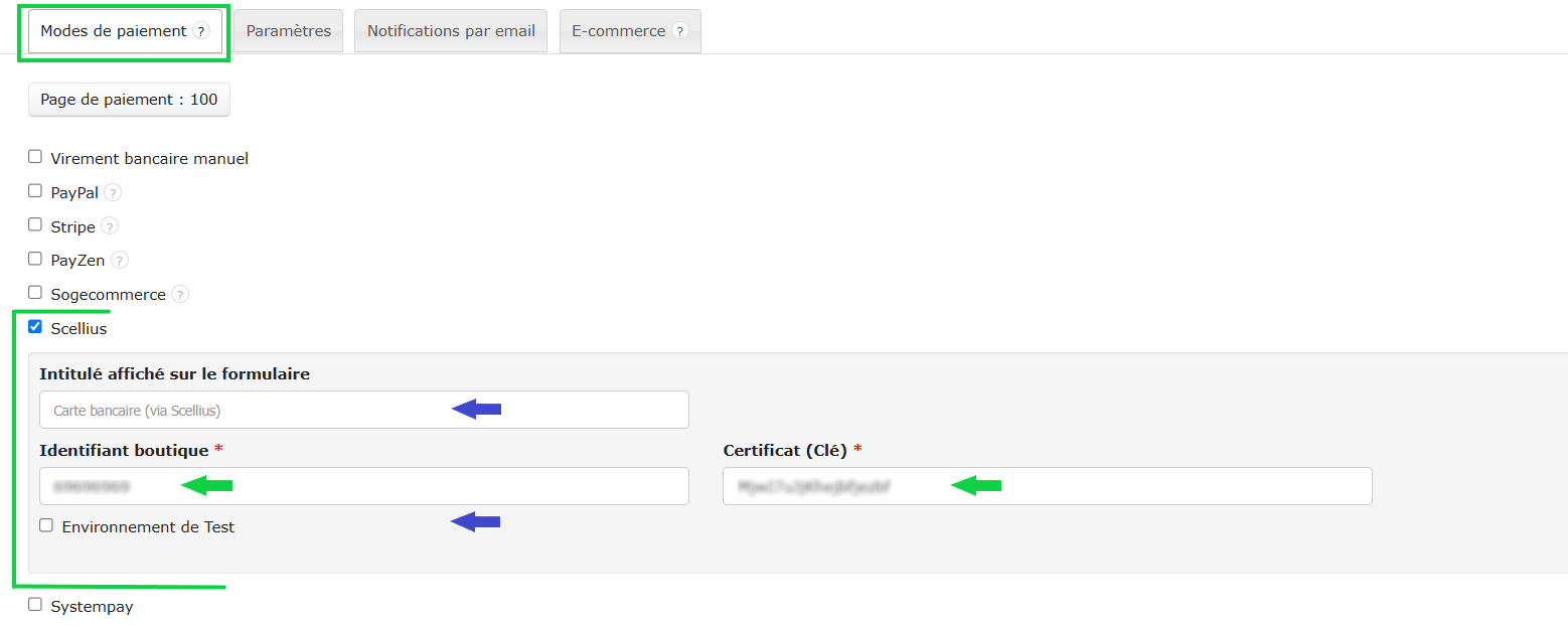 Connexion Scellius au compte VosFactures, activage de l'option paiement en ligne
