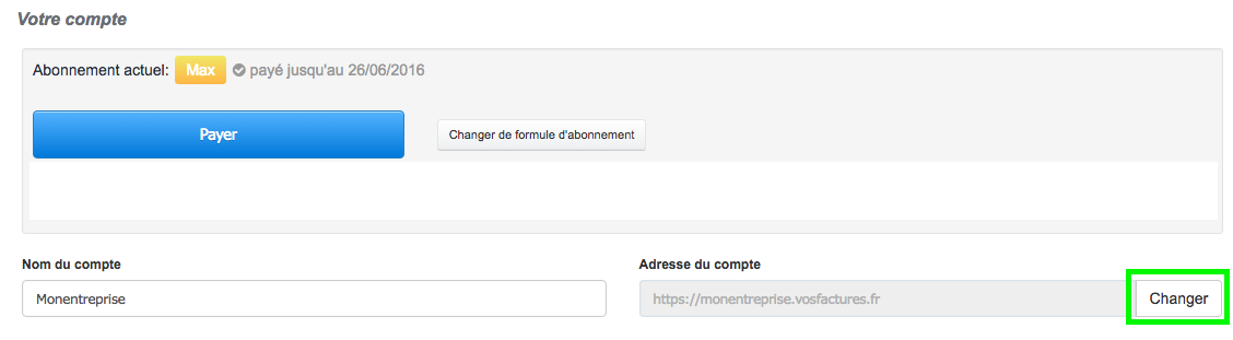 Changer Adresse URL du Compte Personnalisation VosFactures Facturation