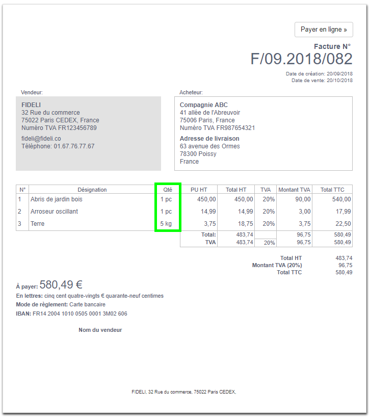 Colonne Unité Quantité Obligatoire