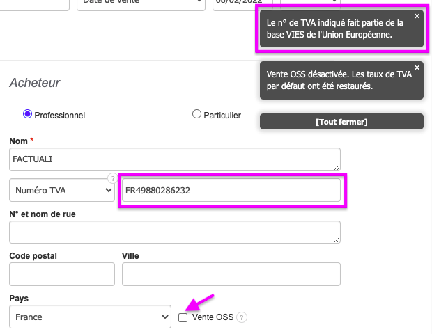 Facturation Ecommerce Vente en ligne B2C automatisée TVA destination OSS
