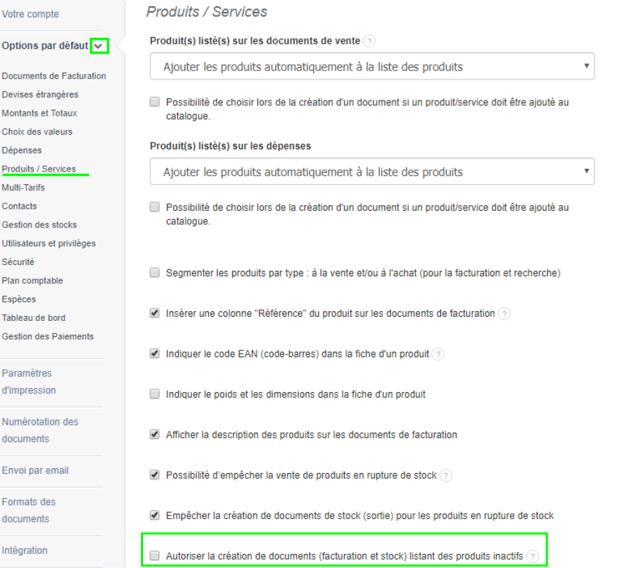 Facturation Activation Option Création Document Produits Inactifs