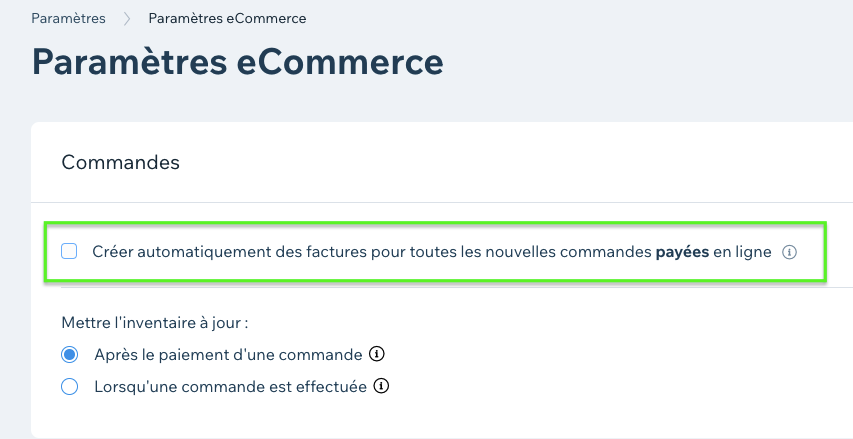 WIX Désactiver Facturation native 