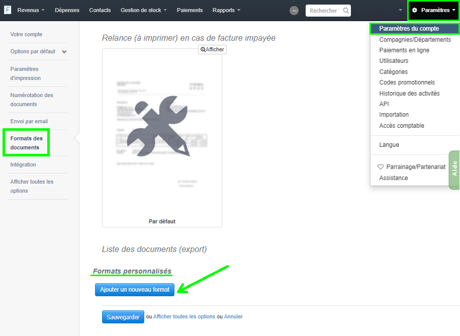Facturation Export des Documents Journal Vente Personnalisé VosFactures