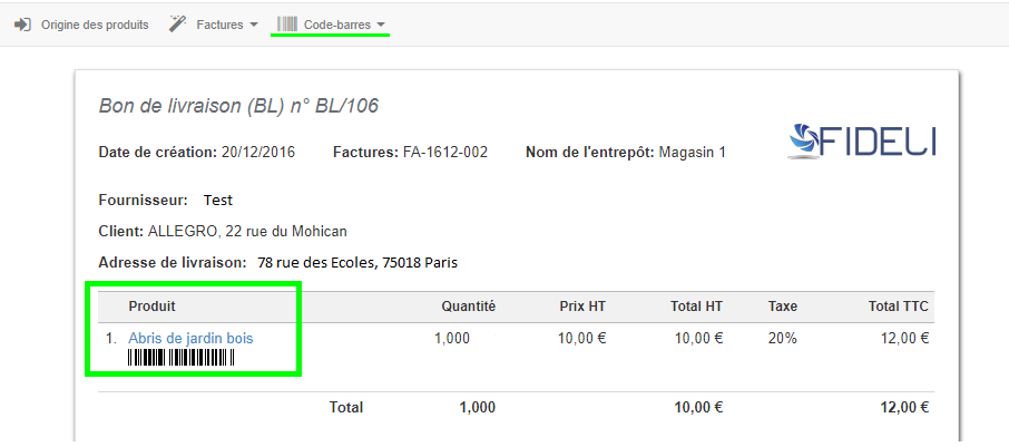 Afficher Code EAN Document Stock