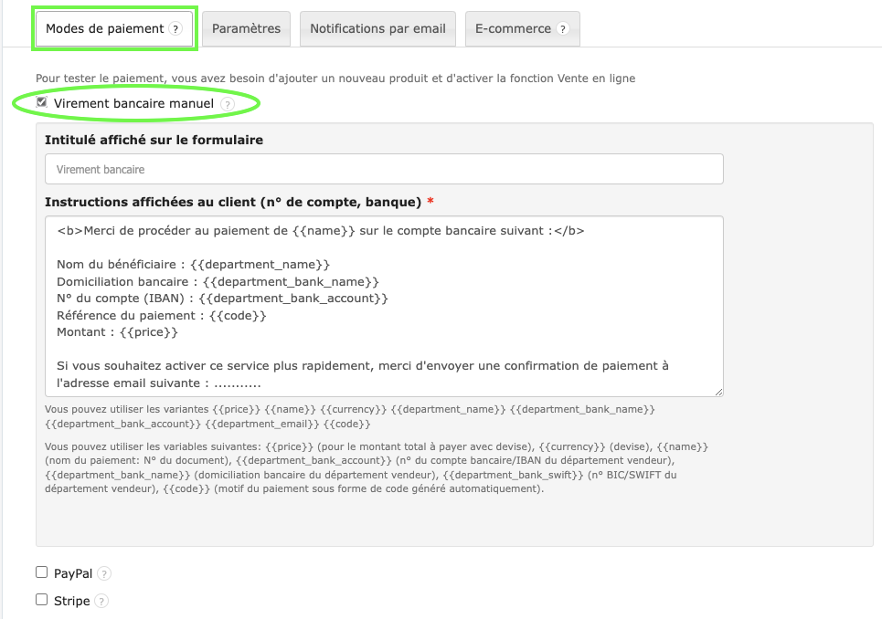 Activer l'option virement bancaire manuel dans le logiciel VosFactures