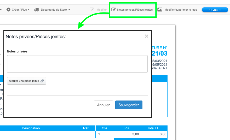Créer Factures Devis Notes privées Commentaires
