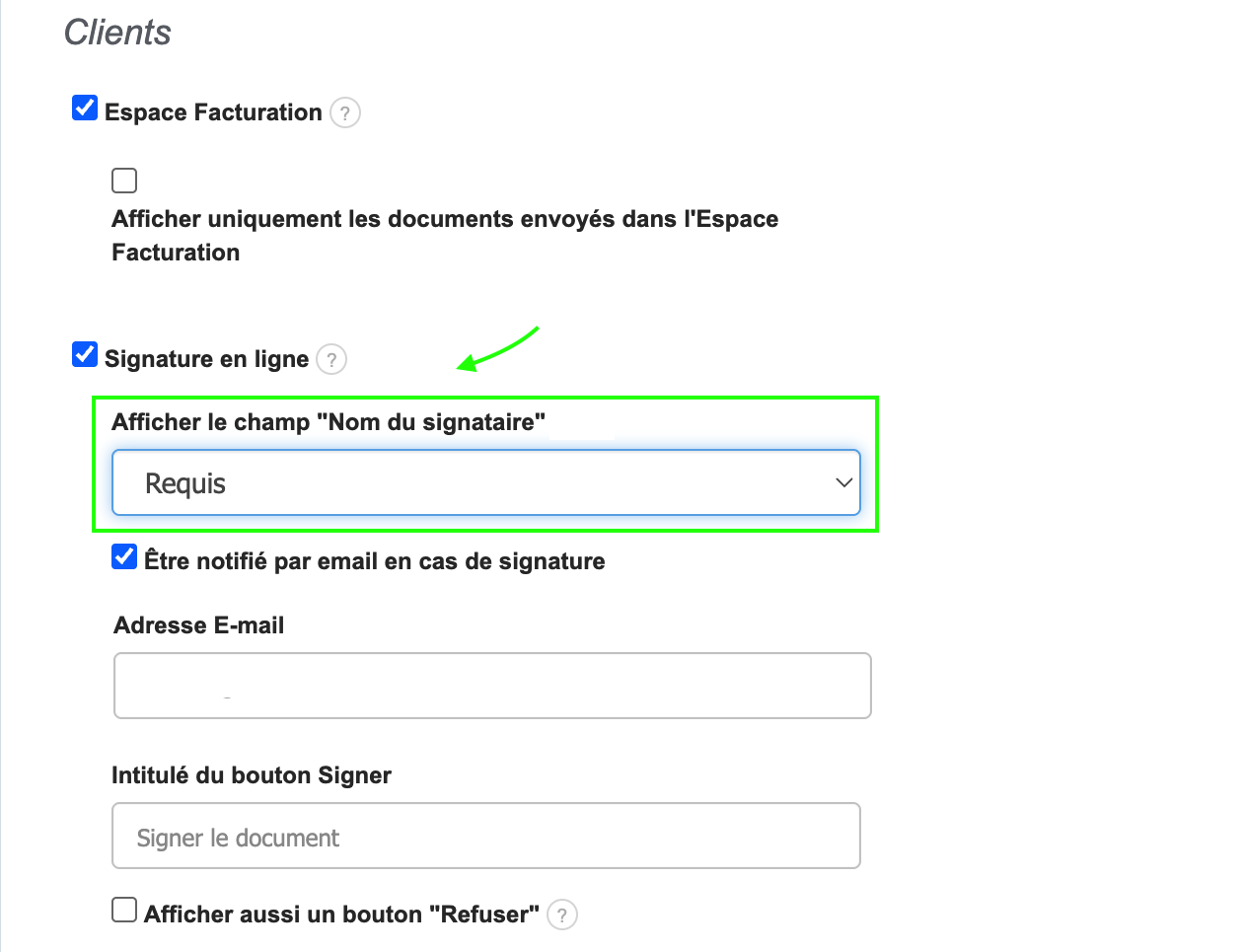 Signature en ligne d'un devis, activation option nom signataire