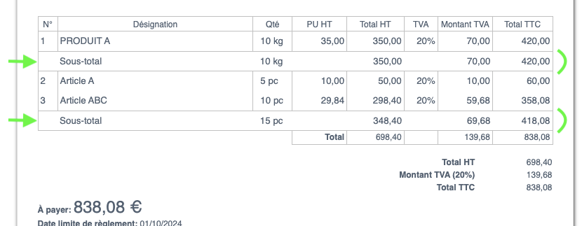 Exemple Facture Devis sous total quantité