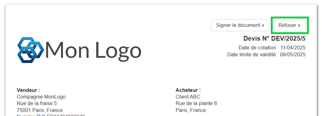 Bouton Refus sur Devis, bon de commande, bon d'intervention 