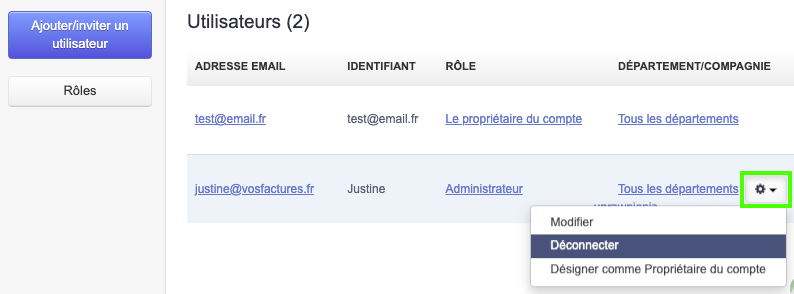 Gérer accès droits Utilisateur Compte