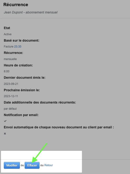 début et fin d'une récurrence Facturation automatique
