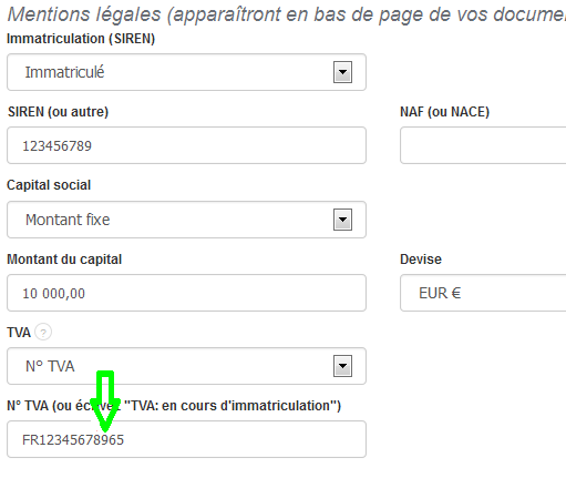 TVA Editer Paramètres Fiche Entreprise Facturation Facture VosFactures
