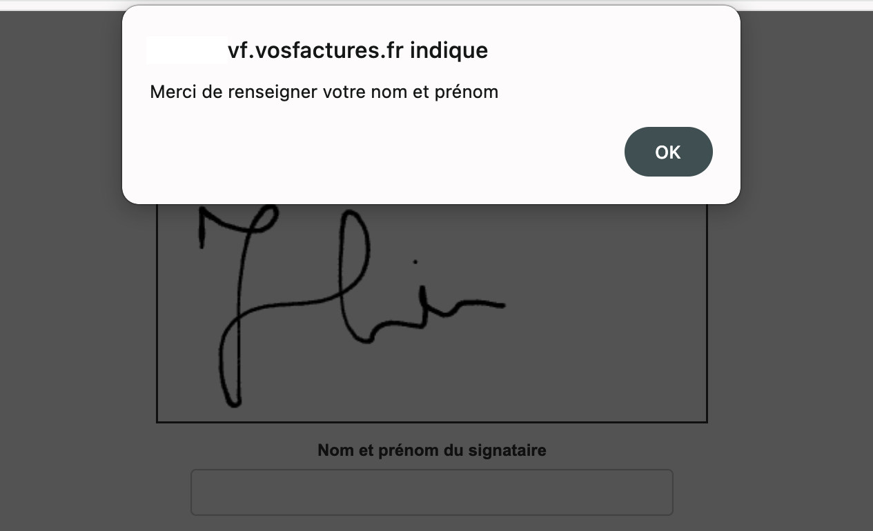 Message erreur nom du signataire manquante sur le devis