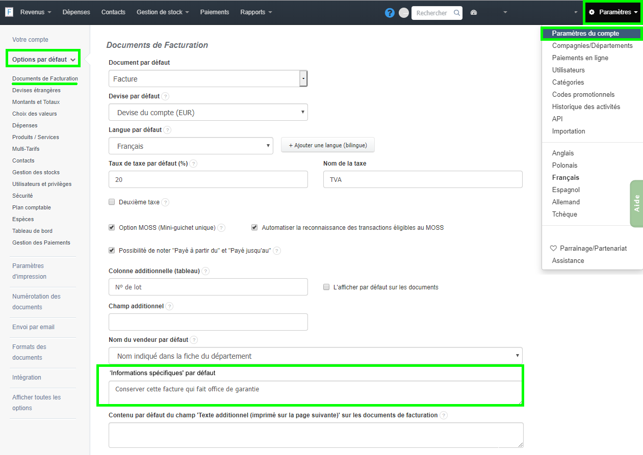 Facture par Défaut Vendeur Edition Facturation Personnalisation VosFactures