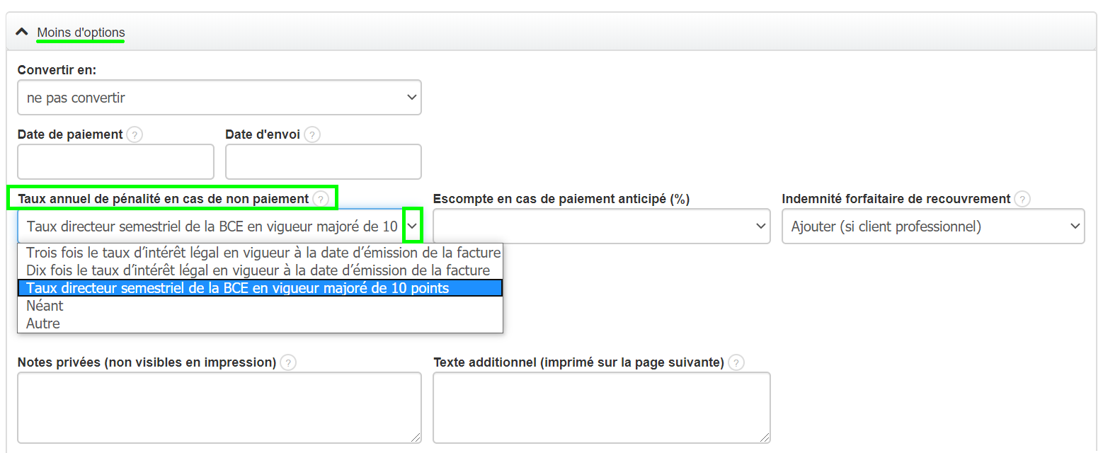 Taux Annuel de Pénalités Non Paiement Facturation VosFactures Options