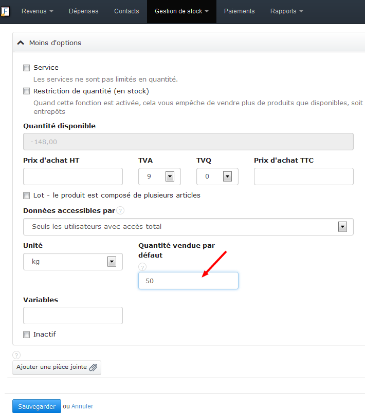 Facturation Fiche Produit Quantité Vendue Par Défaut