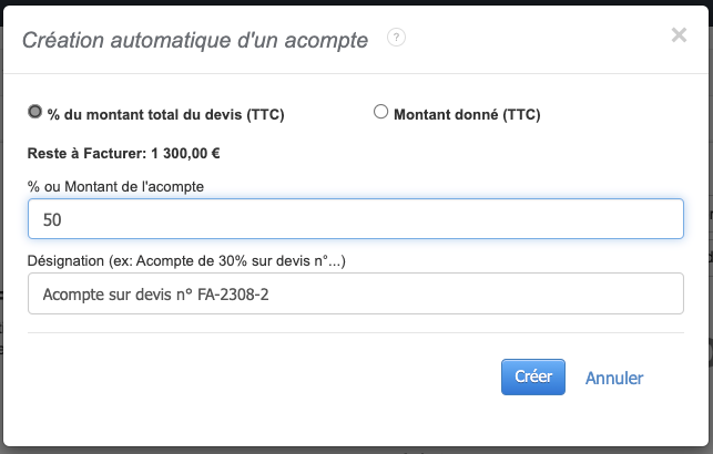 Exemple création facture acompte depuis un devis 