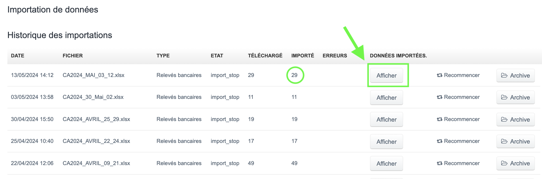 Suivi importation relevés bancaires facturation logiciel
