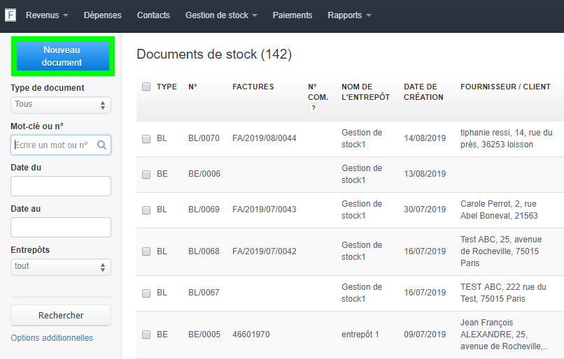 Facturation Nouveau Document Gestion Stock