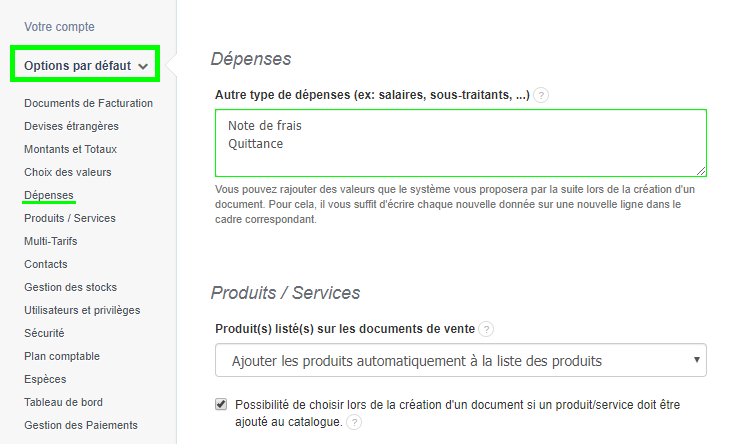 Personnalisation Ajouter Dépenses Facturation Facture VosFactures Documents