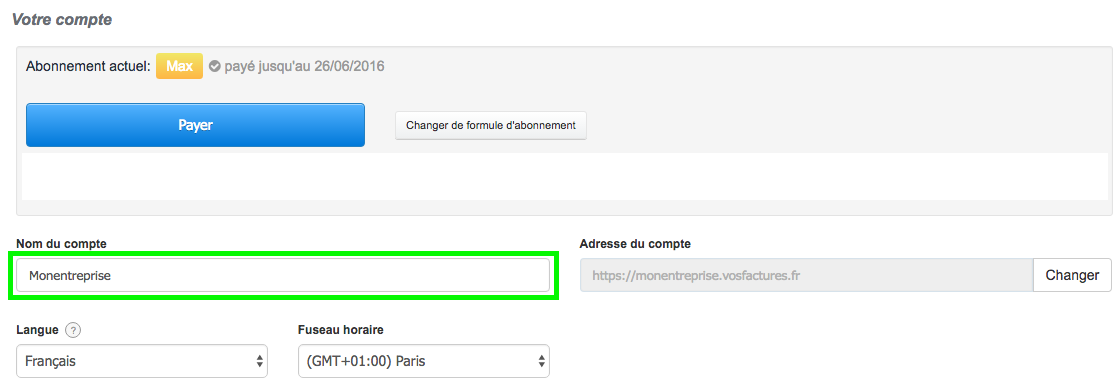 Changer nom compte Changement Facturation Facture VosFactures Personnalisation