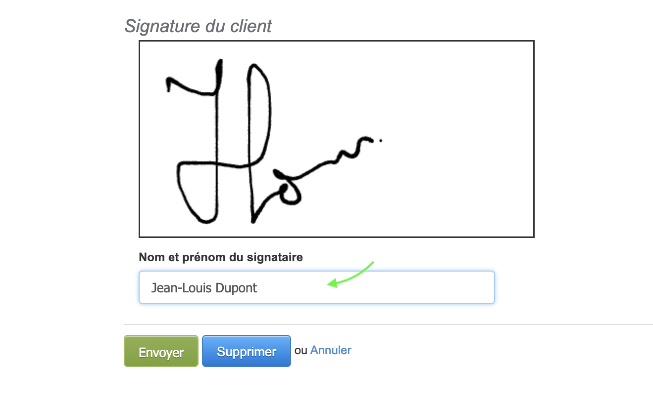 Nom du signataire pour signature en ligne d'un devis, bon de commande 