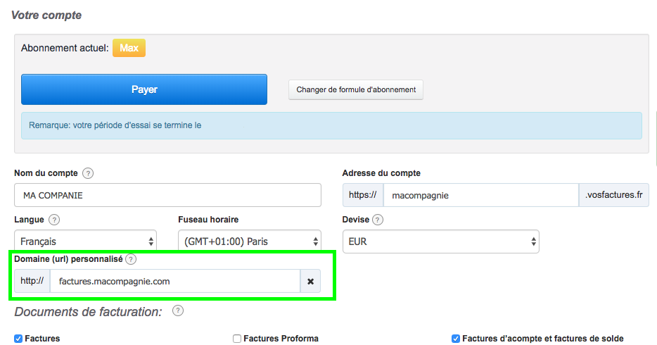 Changer URL Modification Personnalisation Compte VosFactures Facturation