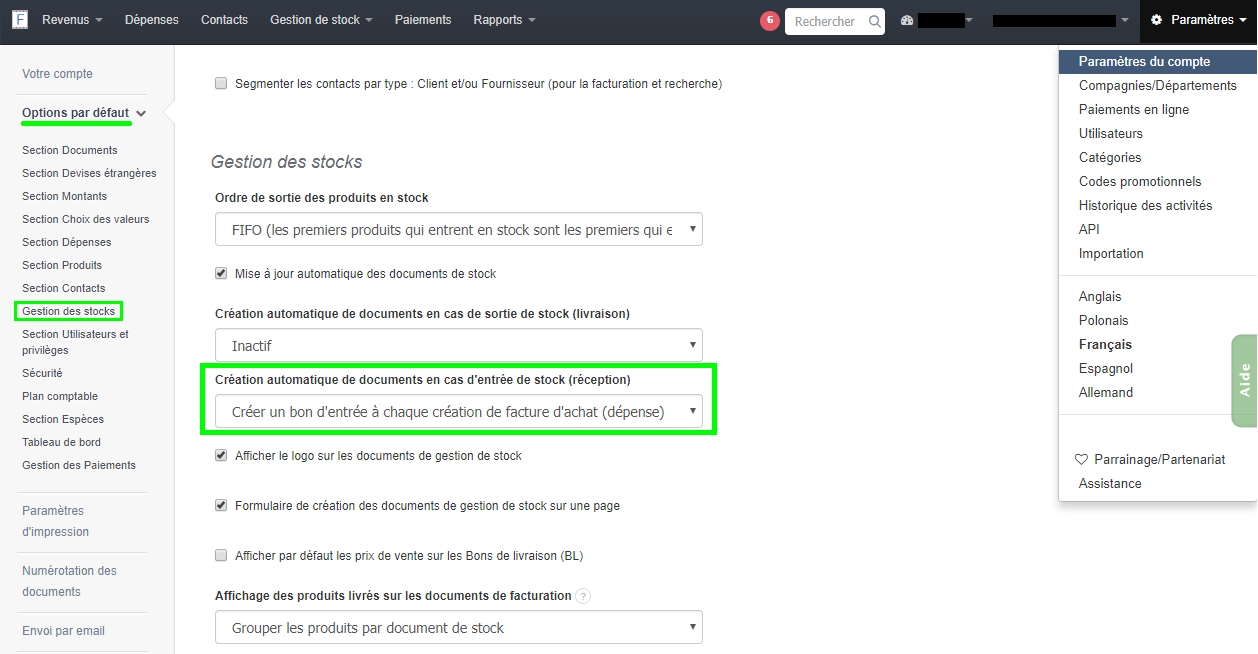 Facturation Activation Création Automatique Bon Entrée