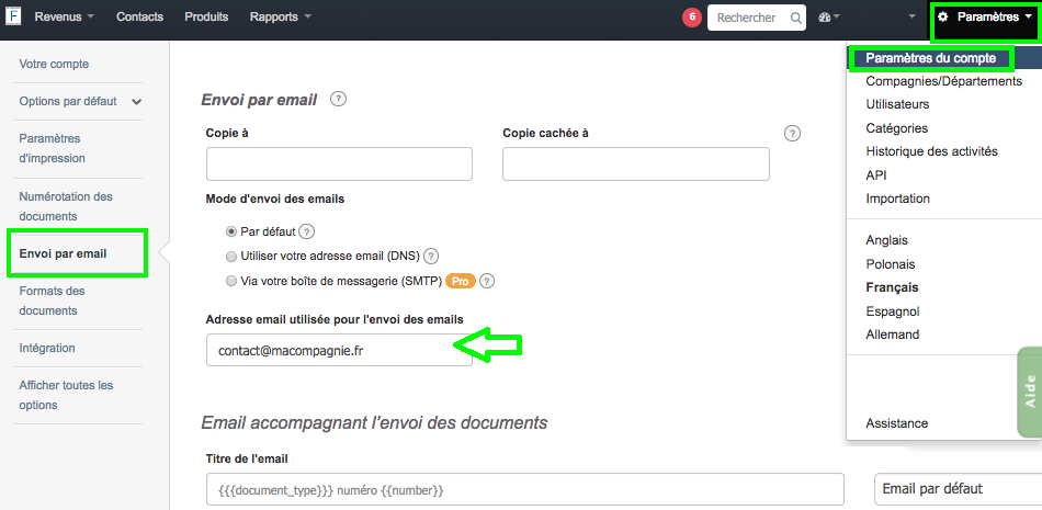 Envoyer en Ligne Document Modifier Adresse d'Envoi VosFactures.fr