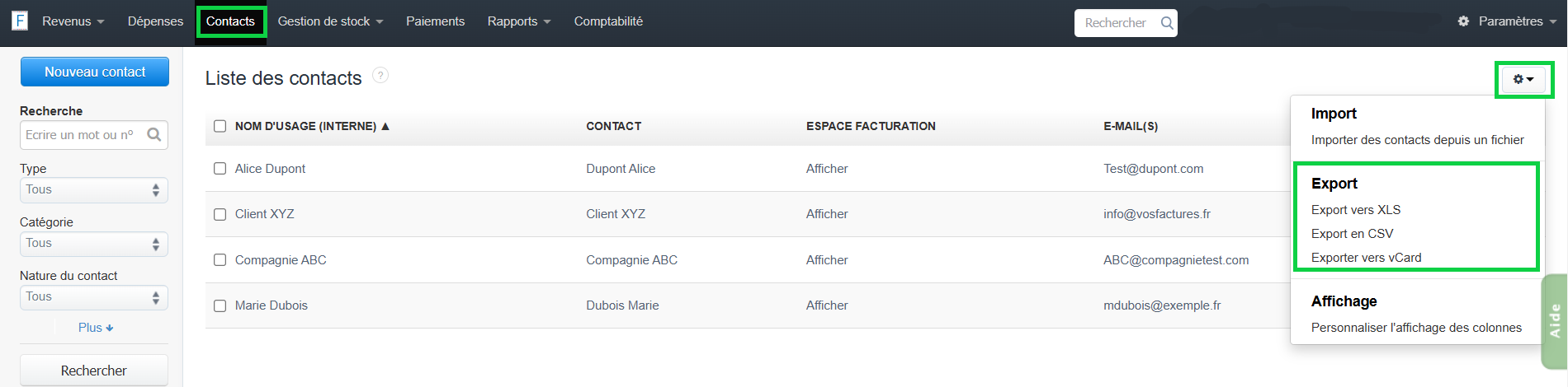 Illustration de la procédure d'export des contacts au format XLS ou CSV depuis l'onglet Contacts dans le logiciel de facturation en ligneVosFactures.